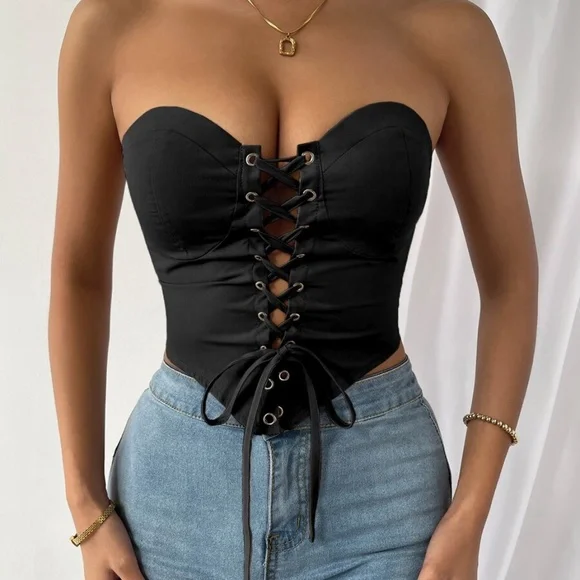 Boho Orange Lace up Bustier Corset Cropped Top - Picture 2 of 15